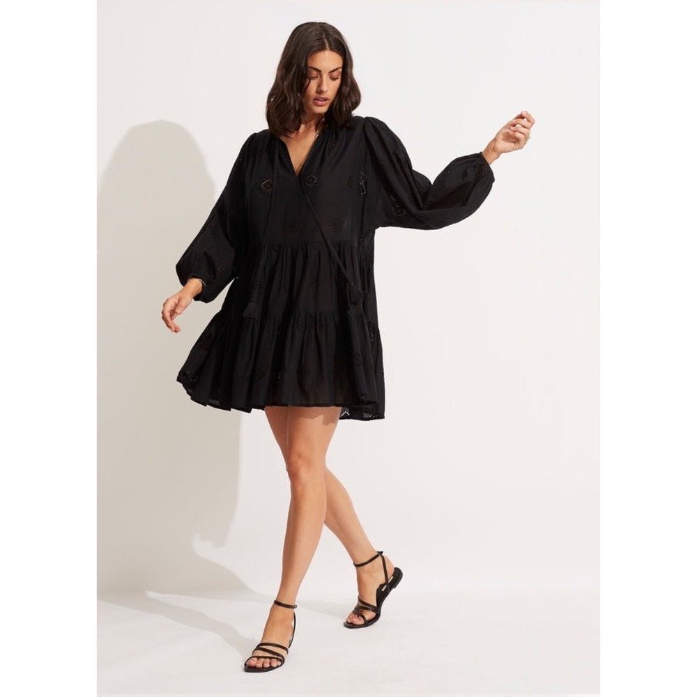 Seafolly Eyelet Tiered Mini Dress Womens M/L Black Excellent Cotton Tassel Boho
